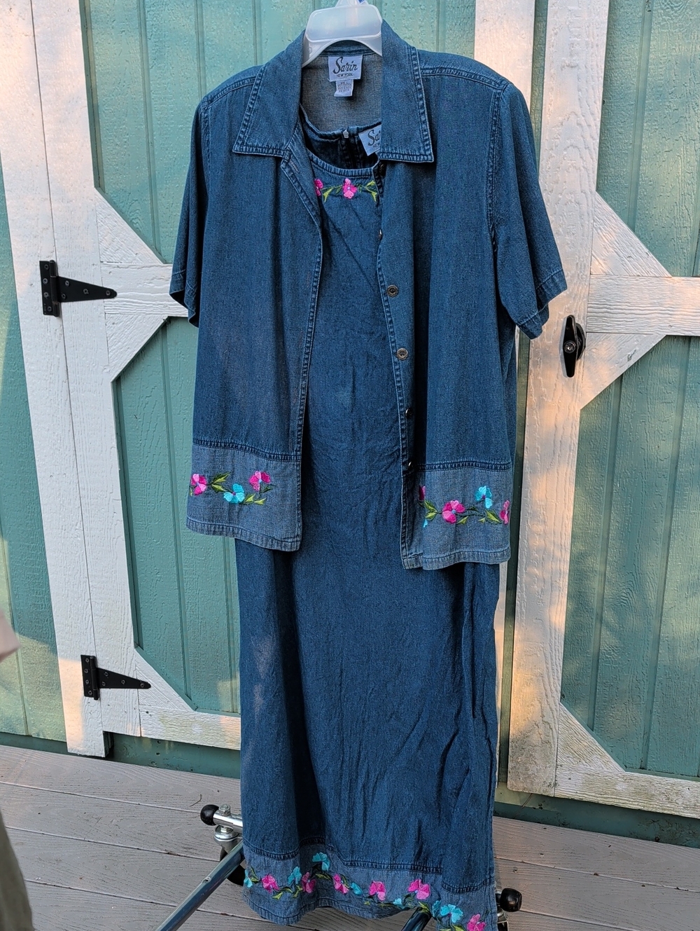 Vintage Dark Blue Denim Shirt & Maxi Dress Set with Pink Floral Embroidery